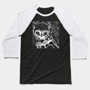 Funny Alien Cat - Whimsical White Hand Drawing Baseball T-Shirt